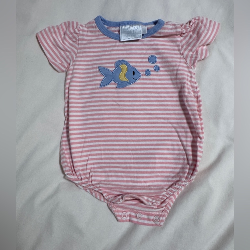 Little English Baby Girls Pink and White Stripe Cotton Bubble with Fish | 9M